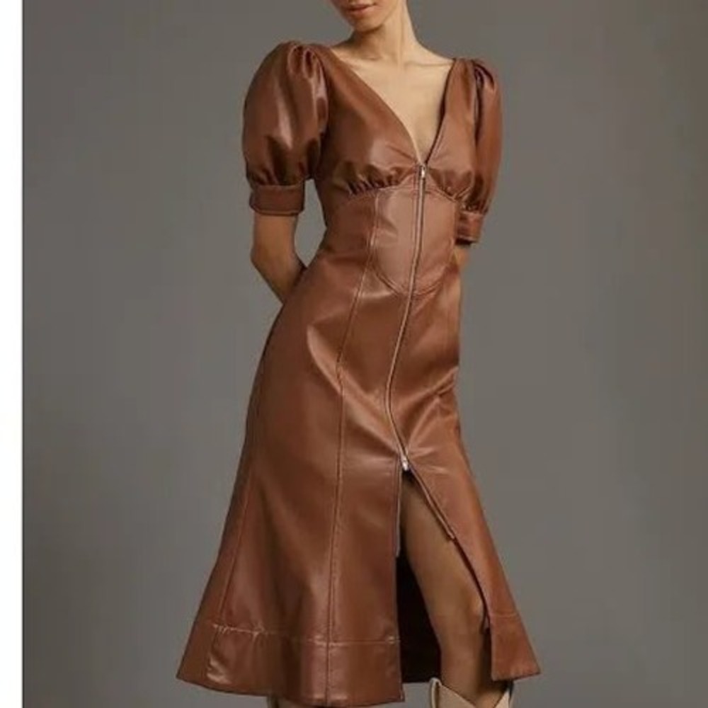 Anthropologie Faux Leather Zip Front Puff Sleeve Midi Dress Brown Size 4